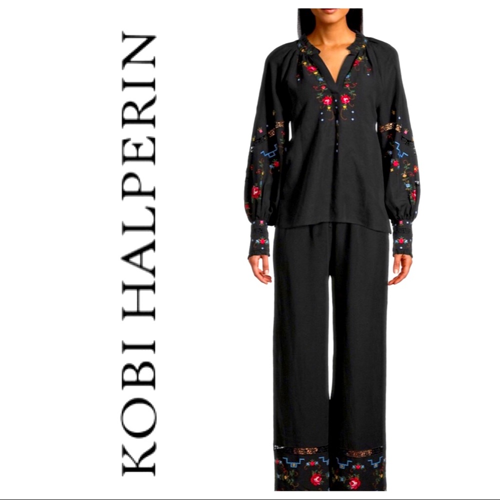 Joni Halperin Black Embroidered Boho Style Farrah Blouse Size L NWT